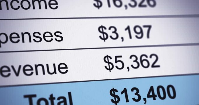Financial report with changing animated data, financing statement, revenue and expenses document, efficiency statistics, footage