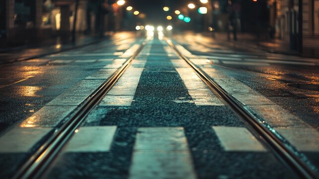 Steel tram tracks and a white crosswalk on an asphalt road highlighted by street lights captured in a close up night photo