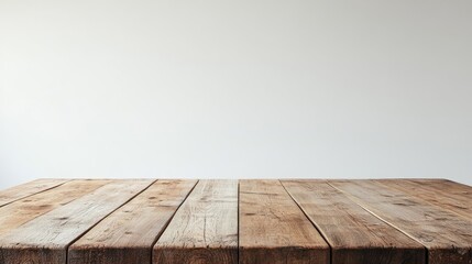 Empty wooden table in front of a white wall ideal for product display montage High quality image