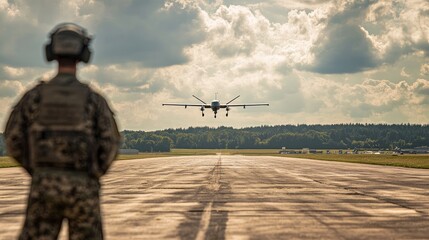 A military personnel observes as a drone ascends from the runway of an airfield