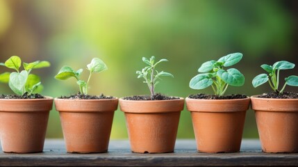 Obraz premium Plants in small pots lined up in a row