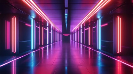 Fototapeta premium Futuristic neon lamps illuminate a dark corridor casting reflections on the floor and walls creating a striking empty space at the center