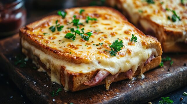 Delicious croque monsieur sandwich served on a wooden board Tasty bread filled dinner meal with savory meat