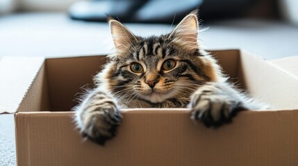 Charming fluffy tabby cat joyfully playing inside a cardboard box