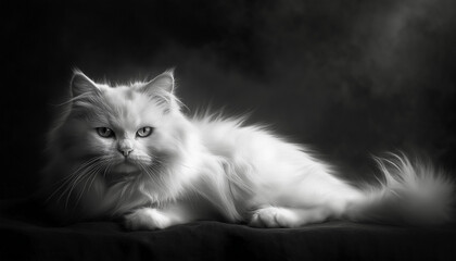Black and white portrait of white fluffy cat