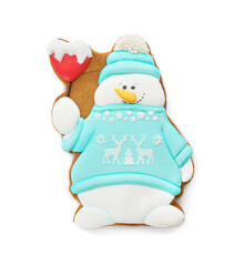 Tasty Christmas cookie in shape of snowman isolated on white