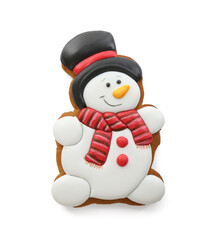 Tasty Christmas cookie in shape of snowman isolated on white