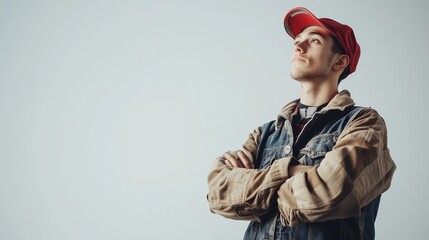 Young man in a casual outfit and red cap, thoughtfully looking upwards against a plain background in a minimalist setting