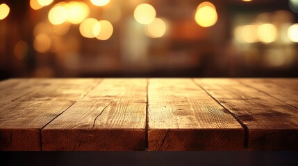 Wooden table with a blurred bokeh background ideal for product display montages featuring an out of focus setting with warm lighting effects