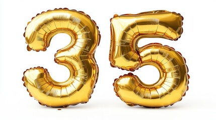 Golden inflatable balloons shaped as the number 35 isolated on a white background Helium filled gold foil numbers ideal for party decorations anniversaries and celebrations