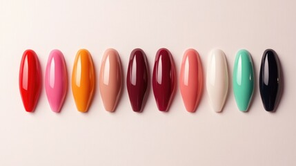 Assorted gel polish nail designs in various colors displayed on white tips against a neutral backdrop featuring a selection of plastic testers for nail polish