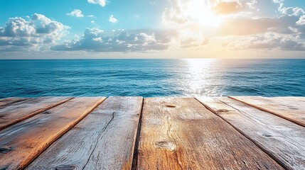 Fototapeta premium picturesque view of a wood table with the ocean and sky in the background creating a tranquil atmosphere perfect for enjoying nature's beauty while embracing the relaxation of seaside leisure