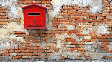 A weathered red brick wall with a classic red mailbox mounted on it, hinting at the passage of time and the enduring role of communication.
