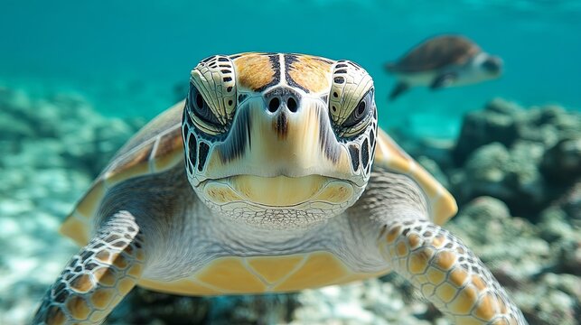 A green sea turtle with a curious gaze swims through the clear, turquoise water, its intricate shell pattern visible against the backdrop of a coral reef.