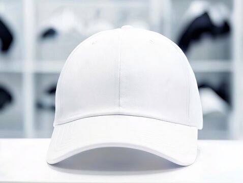 A white baseball cap sitting on top of a white table