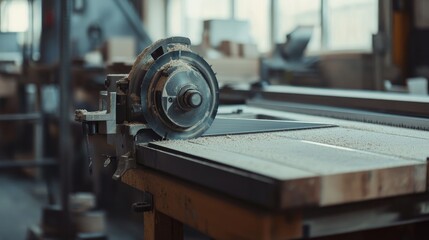 Industrial cutting tool in a woodworking and metalworking environment featuring a compound miter saw