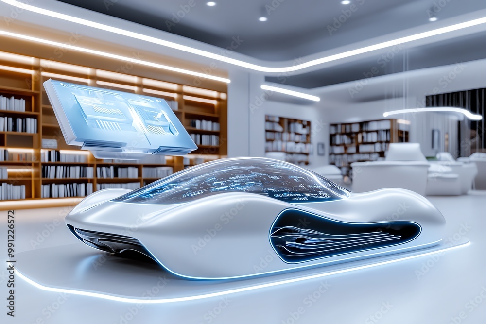 Poster a 3d model of a futuristic reading room, with sleek, floating books and a holographic interface for 