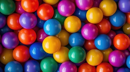 Vibrant colorful plastic balls in a dry pool viewed from above creating a playful and engaging background