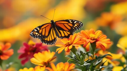 Fototapeta premium A butterfly flutters among vibrant yellow and orange blossoms