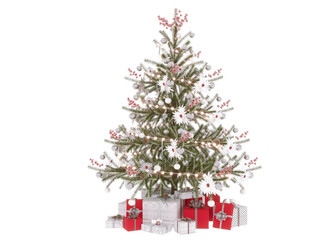 3d rendered christmas tree with gifts and lights