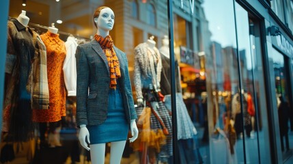 Chic Fashion Boutique Window Display with Mannequins in Trendy Outfits and Black Friday Sale Signs