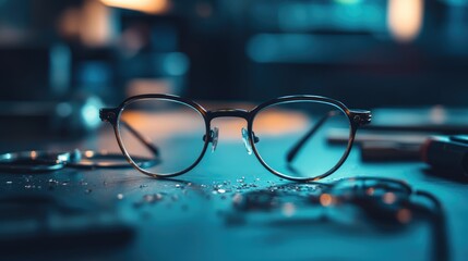Closeup of broken corrective eyeglasses resting on a table highlighting the processes involved in measuring manufacturing and repairing eyewear in an optical workshop