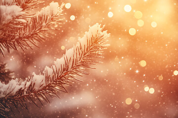 Orange Christmas Background with Snow-Covered Trees