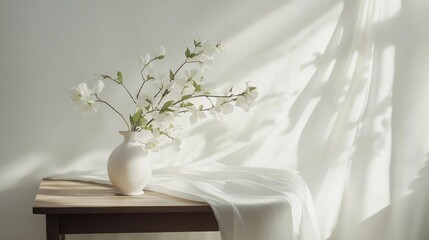 White flowers arranged in a vase on a wooden table draped with a white tablecloth showcasing interior decor and product presentation
