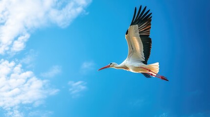 Obraz premium Stork soaring through a clear blue sky Horizontal layout space for text Family oriented theme