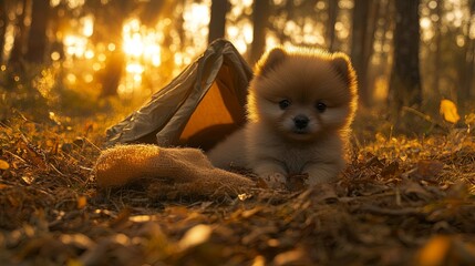 A small fluffy dog peeking out of a makeshift tent in a forest, bathed in the warm glow of the setting sun