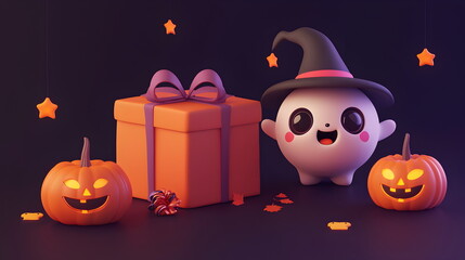 A vector illustration of Halloween characters in 3d clay design, with space to text and decor by a gift box in a Happy Halloween concept, adorable and festive, isolated on a dark background