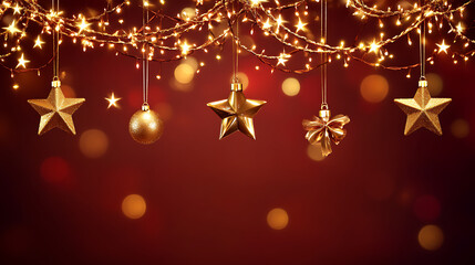 Christmas background with golden stars and garlands on a deep blue backdrop