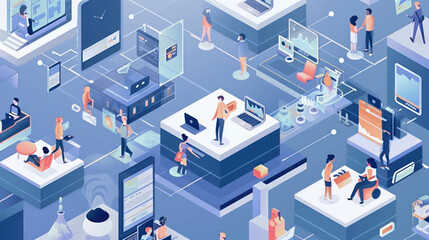 Obraz premium A dynamic digital workplace featuring seamless integration of AI, cloud services, and real-time communication tools for remote teams.