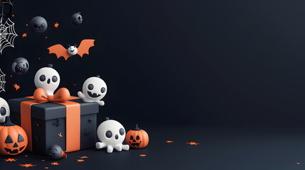 Obraz premium A vector illustration of Halloween characters in 3d clay design, with space to text and decor by a gift box in a Happy Halloween concept, adorable and festive, isolated on a dark background