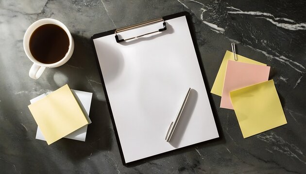 A stylish workspace setup on a marble surface featuring colorful sticky notes, reminder papers, and a blank document ready for task management and creative brainstorming. scene promotes productivity