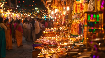 Obraz premium Diwali Shopping and Markets: Colorful Stalls, Traditional Crafts, and Festive Atmosphere