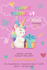 Cute unicorn birthday party invitation card. Vector