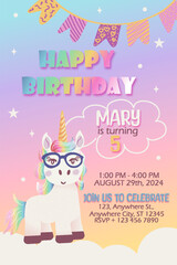 Cute unicorn birthday party invitation card. Vector