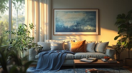tranquil living room decorated with a soothing blue color palette featuring comfortable furniture and stylish accessories designed to create a cozy atmosphere for relaxation
