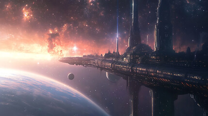 Massive Futuristic Space Station Orbiting in Deep Space