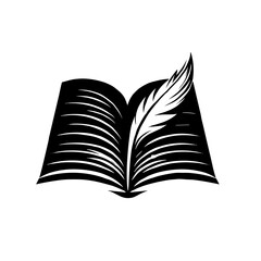 A black and white silhouette of open book with feather, vector, minimalist art style, stroke lines for an abstract look, transparent background 