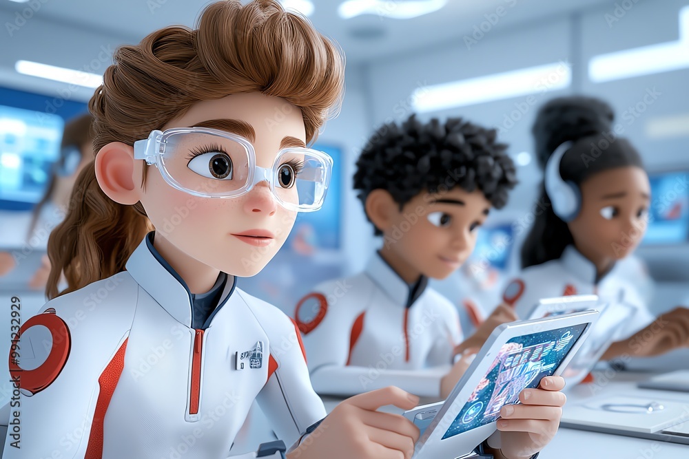 Aufkleber A 3D-animated group of students using futuristic tablets, where they can pull up interactive 3D models for a more immersive learning experience