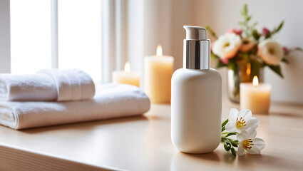 A calm spa scene featuring a towel, cosmetic cream, and beauty products for skincare, with a focus on wellness and relaxation, including elements like bottles, soap, and flowers in a clean setting