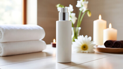 A calm spa scene featuring a towel, cosmetic cream, and beauty products for skincare, with a focus on wellness and relaxation, including elements like bottles, soap, and flowers in a clean setting