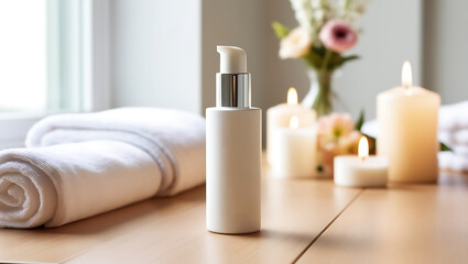 A calm spa scene featuring a towel, cosmetic cream, and beauty products for skincare, with a focus on wellness and relaxation, including elements like bottles, soap, and flowers in a clean setting