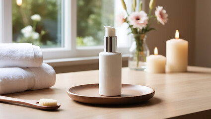 A calm spa scene featuring a towel, cosmetic cream, and beauty products for skincare, with a focus on wellness and relaxation, including elements like bottles, soap, and flowers in a clean setting