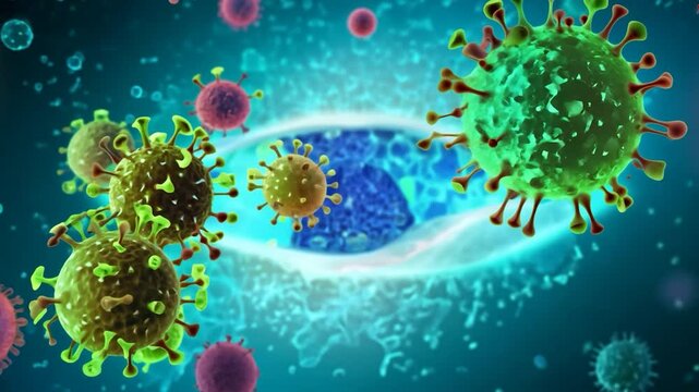 This illustration depicts various viruses in vibrant colors engaging with a human cell, highlighting the complexity of cellular interactions at a microscopic level