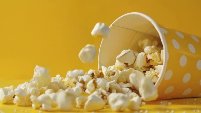 A bucket of salted popcorn spills in mid-air against a bright yellow background, creating a dynamic and minimalistic scene perfect for cinema-themed designs. 