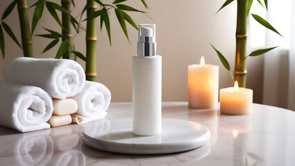 A calm spa scene featuring a towel, cosmetic cream, and beauty products for skincare, with a focus on wellness and relaxation, including elements like bottles, soap, and flowers in a clean setting