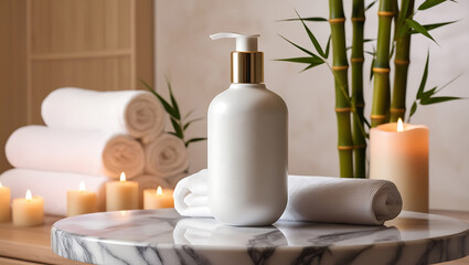 A calm spa scene featuring a towel, cosmetic cream, and beauty products for skincare, with a focus on wellness and relaxation, including elements like bottles, soap, and flowers in a clean setting
